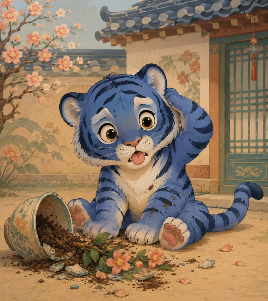 Derpy the tiger character from KPop Demon Hunters knocking over a flowerpot