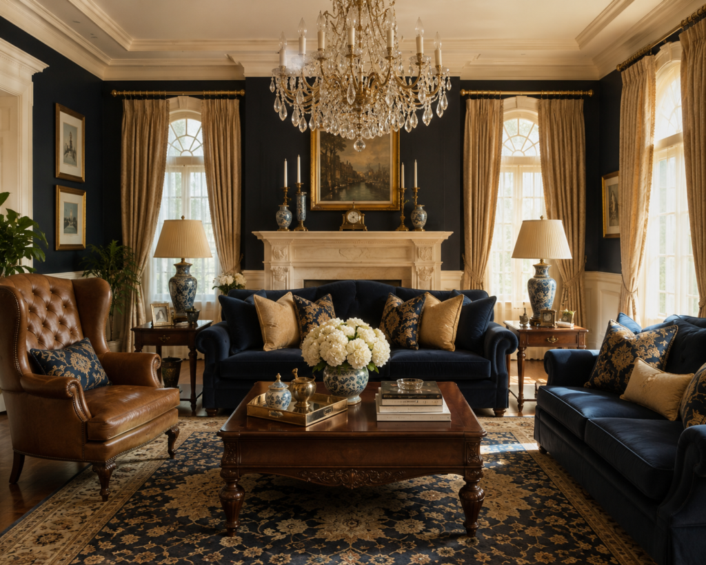 Elegant traditional living room with symmetrical furniture, rich wood tones, and classic drapery