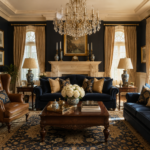Elegant traditional living room with symmetrical furniture, rich wood tones, and classic drapery